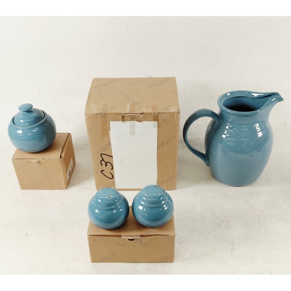 Noritake Colorvara Blue Ceramic Pitcher, Salt & Pepper, Sugar Dish